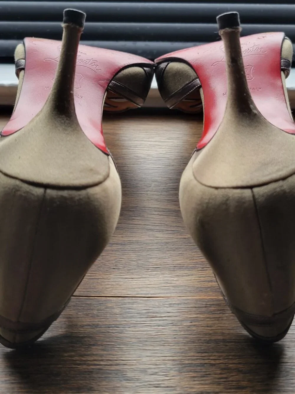 Christian Louboutin Rare Kitten Heels Brown Satin with Grey Leather Straps/Trim